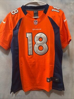 Nike Orange and Navy Broncos #18 Football Jersey